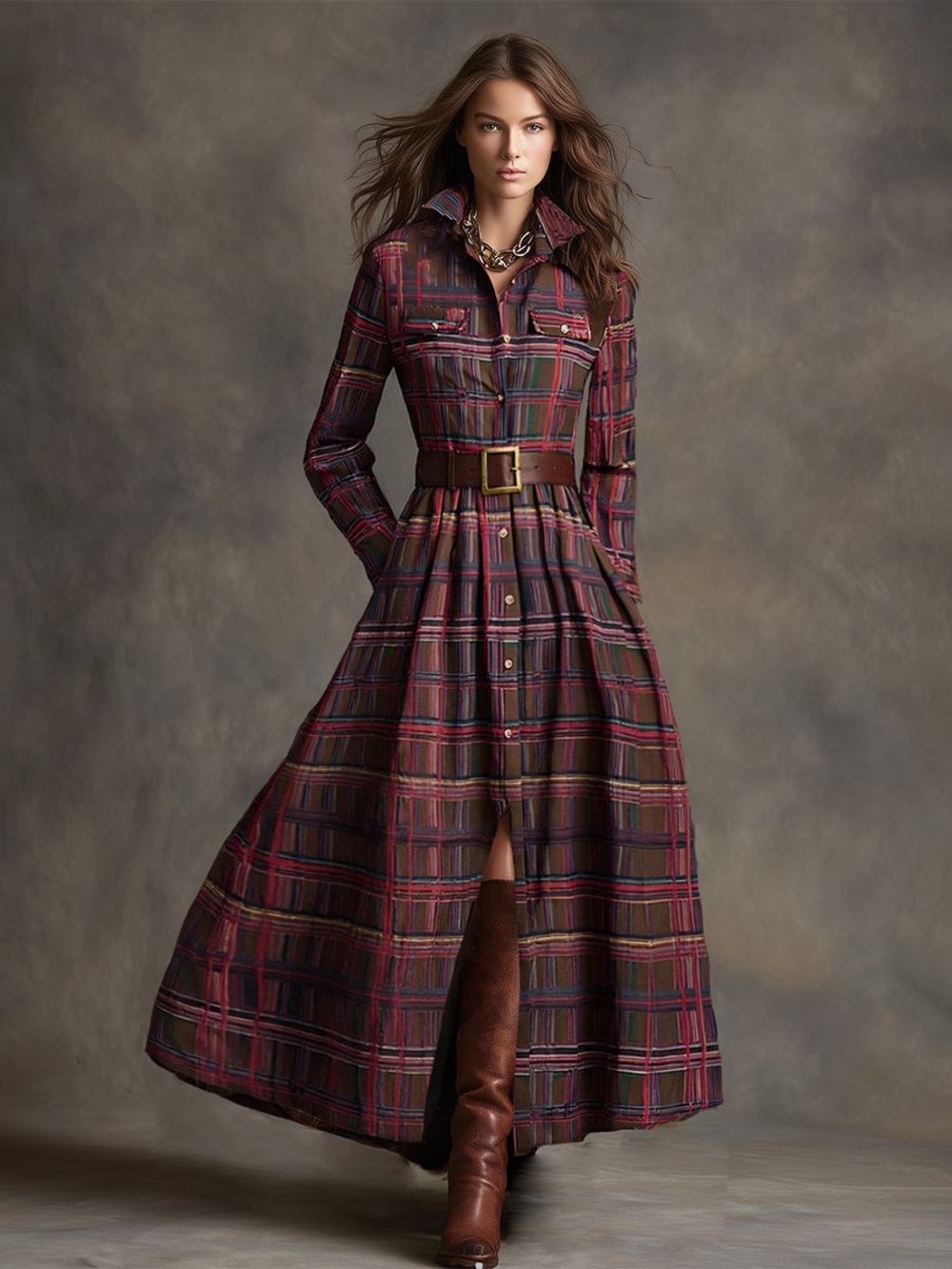 NWT Oyrosy Retro Ethnic Plaid Plaid Button Front Maxi Dress Westerncore XS